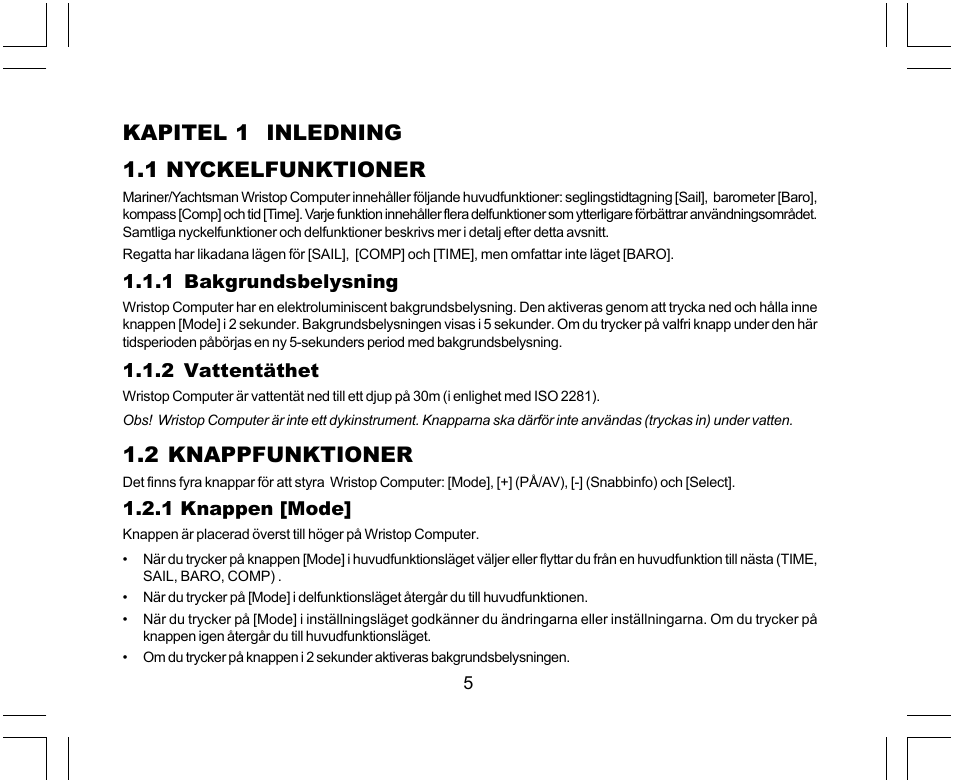 Kapitel 1 inledning 1.1 nyckelfunktioner, 2 knappfunktioner | SUUNTO Yachtsman User Manual | Page 241 / 270