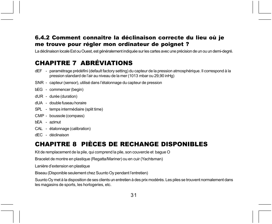 Chapitre 7 abréviations, Chapitre 8 pièces de rechange disponibles | SUUNTO Yachtsman User Manual | Page 65 / 270