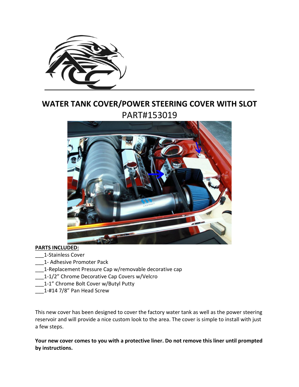 American Car Craft Challenger Water Tank_Power Steering Cover Polished Mopar Slot w_caps 5.7L _ SRT8 6.1L 2008-2011 User Manual | 2 pages