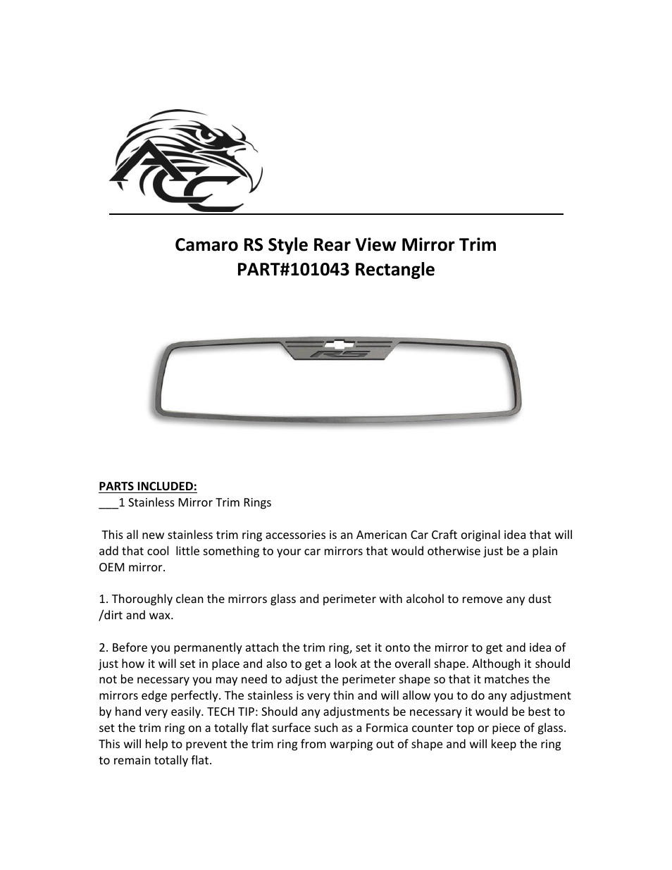 American Car Craft Camaro Rear View Mirror Trim "RS Style Brushed 2012-2013 Rectangle" User Manual | 2 pages