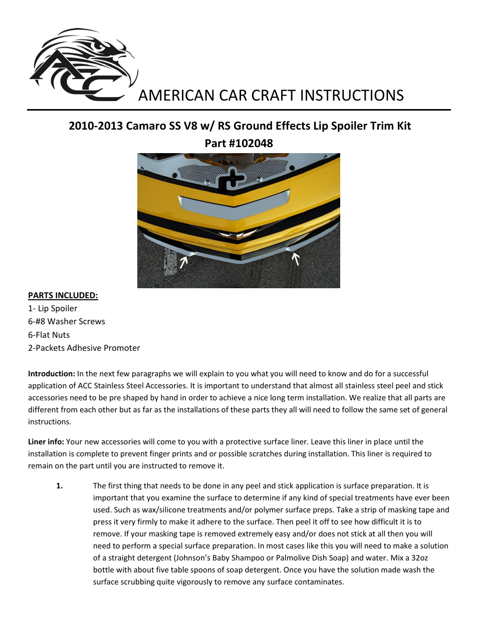 American Car Craft Camaro Lip Spoiler Polished Front GM SS V8 with RS Ground Effects 2010-2013 User Manual | 2 pages