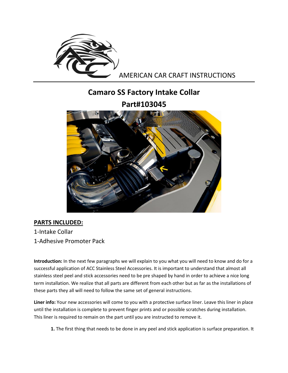 American Car Craft Camaro Filter Box Collar Polished OEM SS V8 only 2010-2013 User Manual | 2 pages