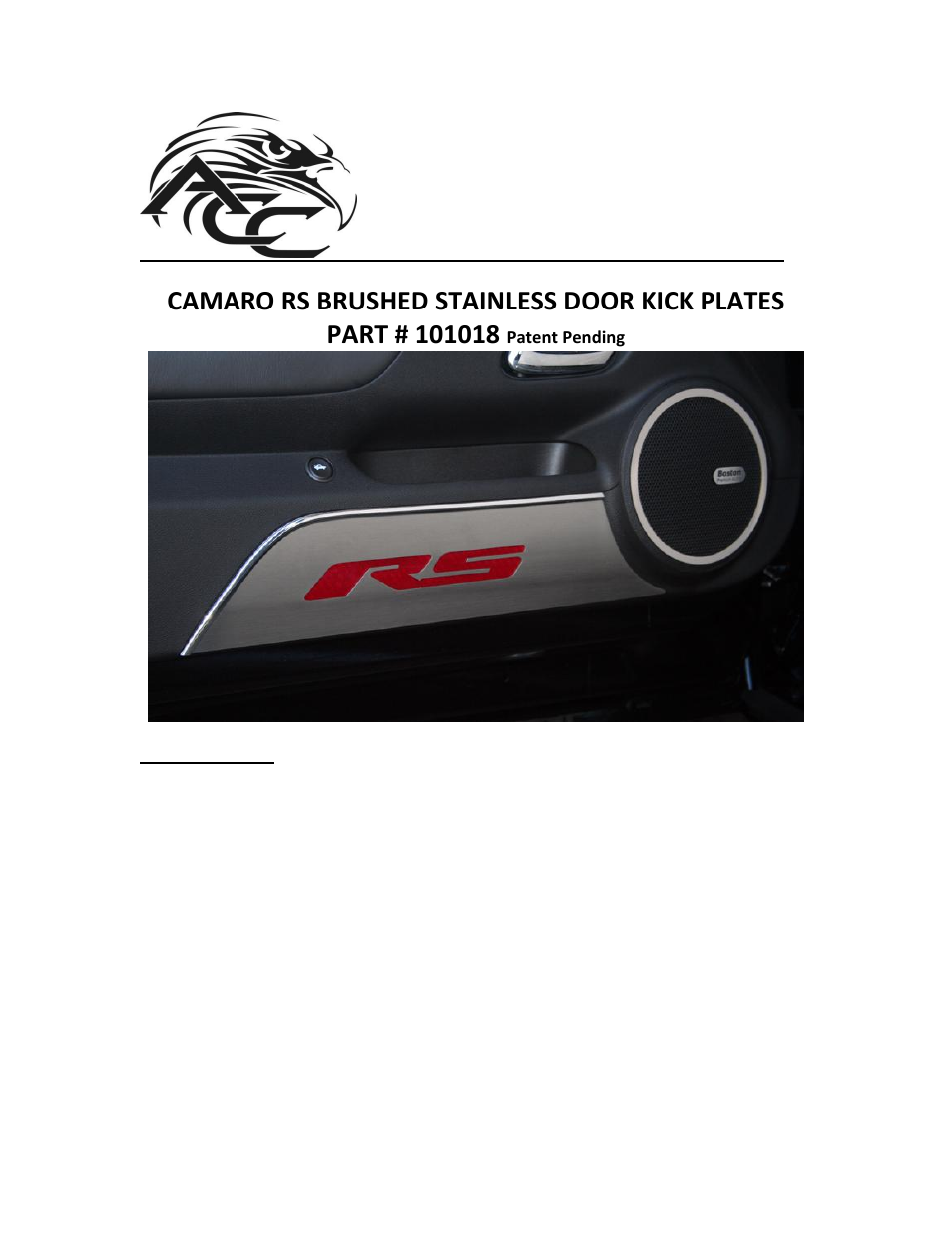 American Car Craft Camaro Door Panel Kick Plates Brushed w_Carbon Fiber "RS 2Pc 2010-2013" User Manual | 3 pages