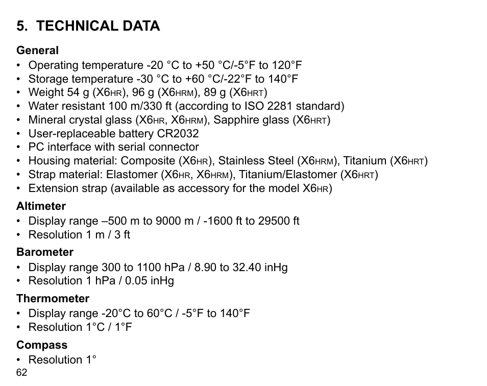 Technical data | SUUNTO X6HR User Manual | Page 64 / 69
