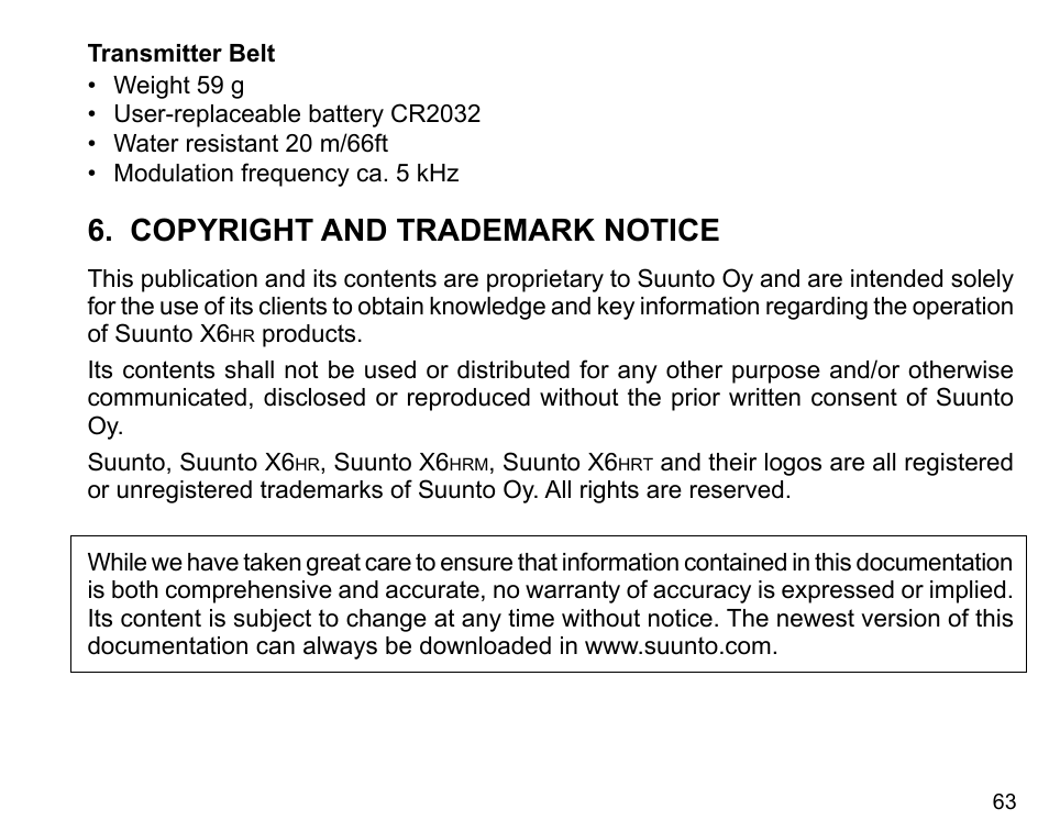 Copyright and trademark notice | SUUNTO X6HR User Manual | Page 65 / 69