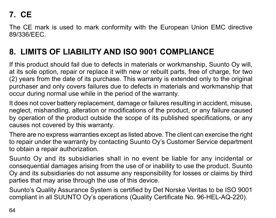 Limits of liability and iso 9001 compliance | SUUNTO X6HR User Manual | Page 66 / 69