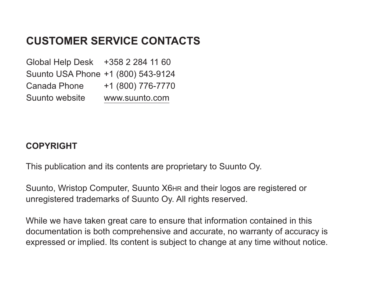 Customer service contacts | SUUNTO X6HR User Manual | Page 68 / 69