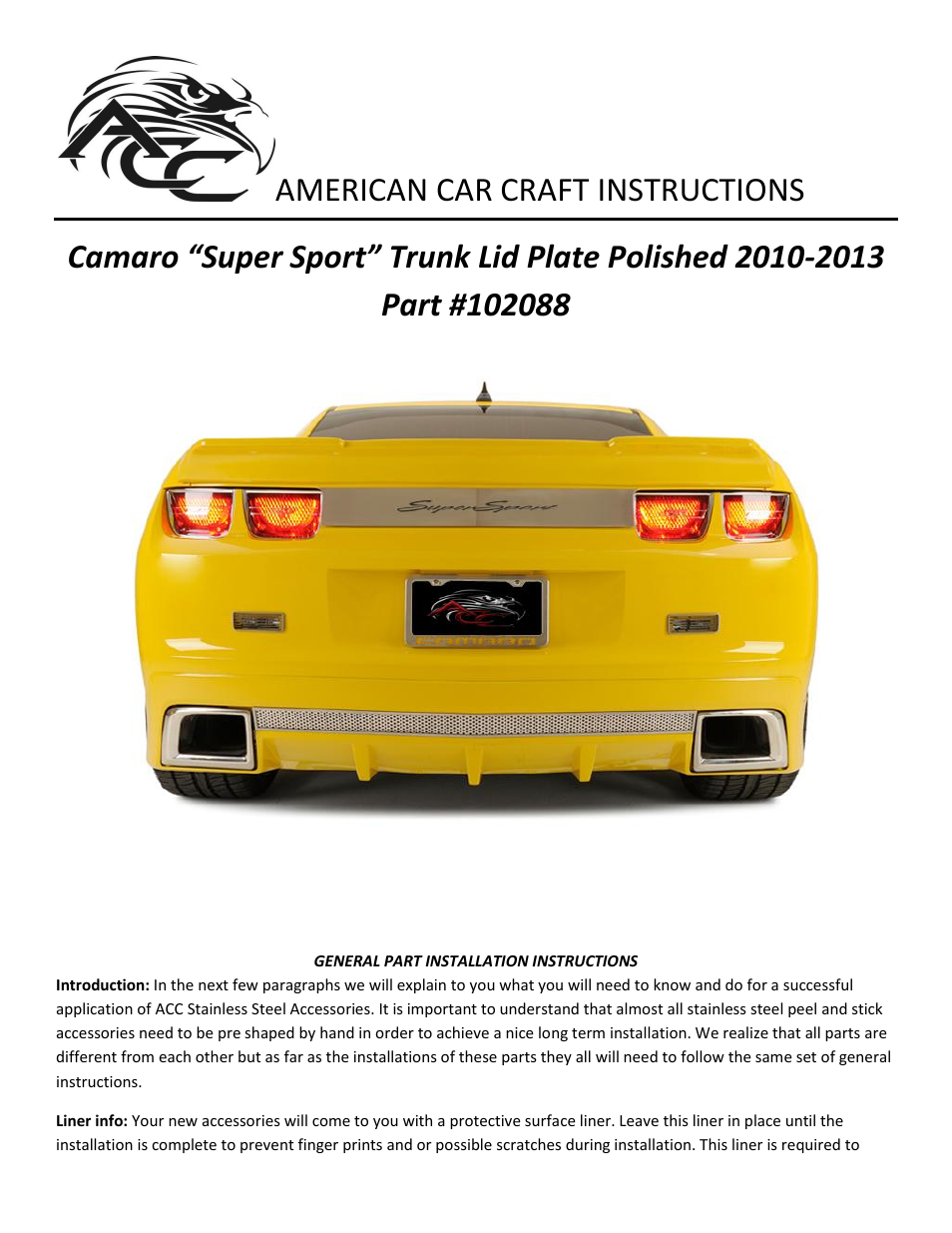 American Car Craft Camaro Trunk Lid Plate w_Laser Etched "Super Sport 2010-2013 all" User Manual | 2 pages