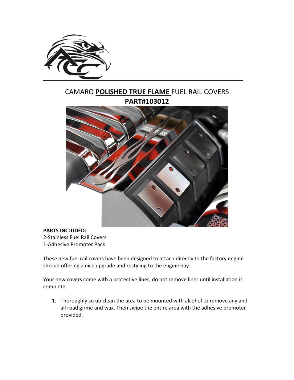 American Car Craft Camaro Fuel Rail Covers Polished "True Flame 2010-2013" User Manual | 2 pages