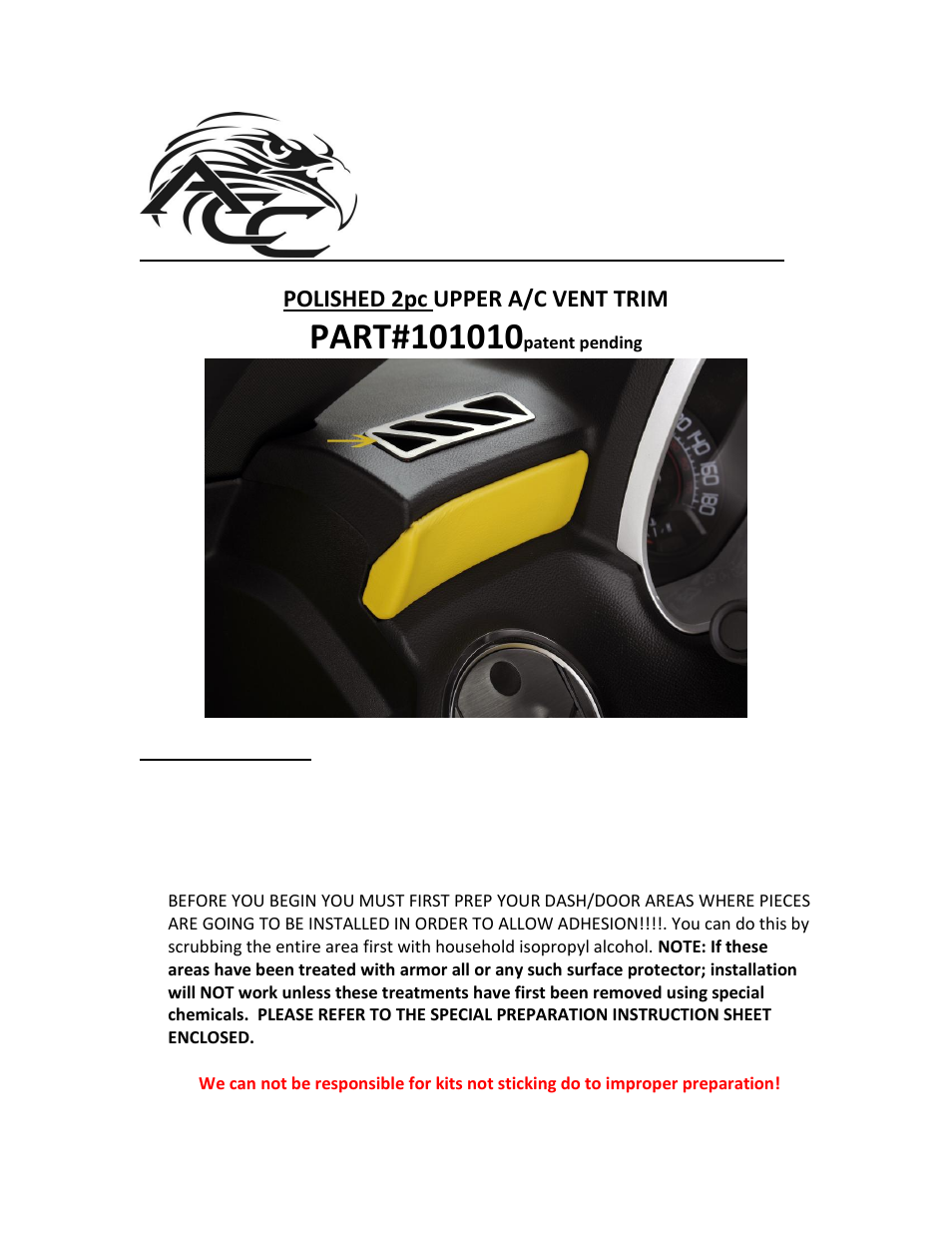 American Car Craft Camaro A_C Vent Trim Polished Upper Dash 2Pc 2010-2013 User Manual | 2 pages