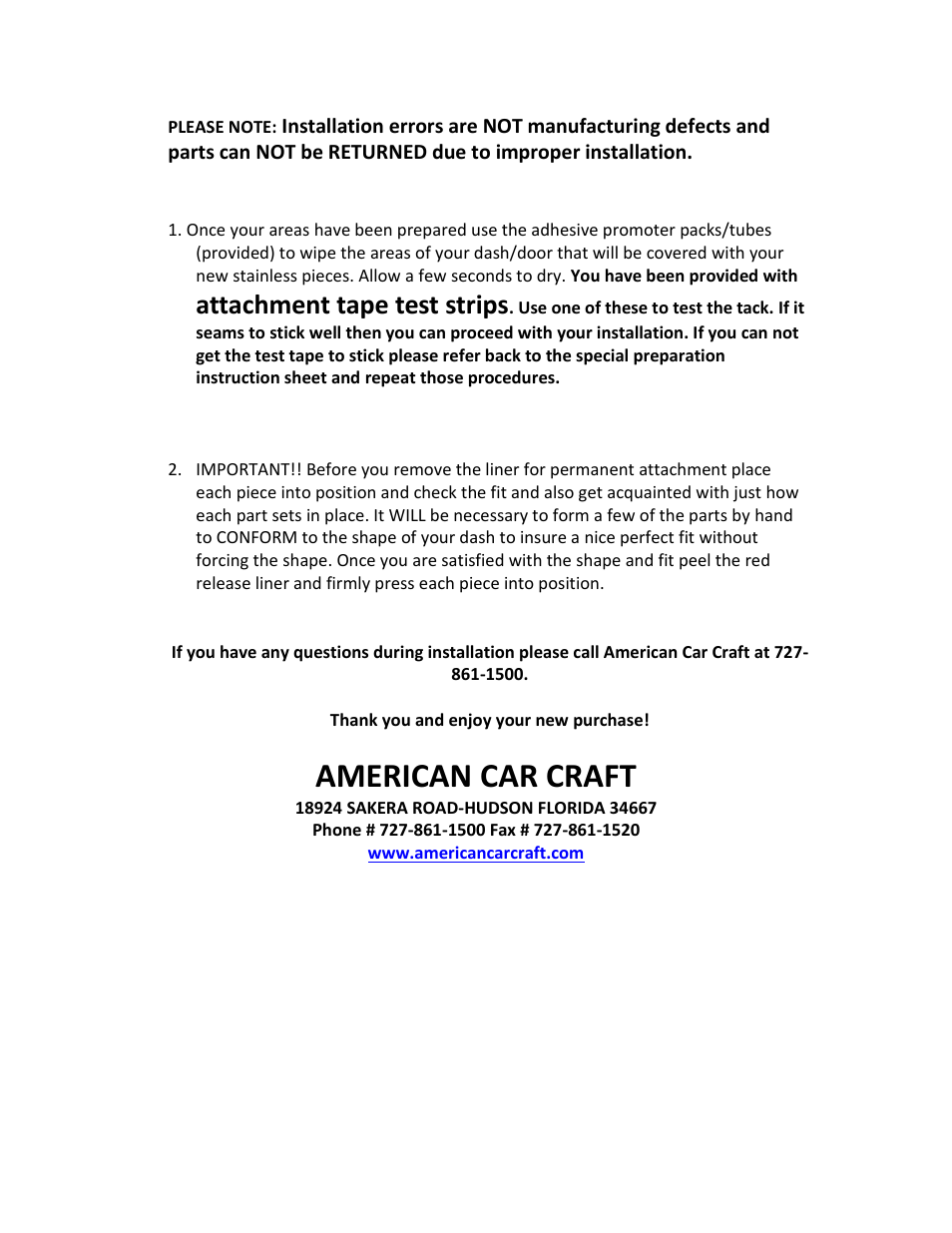 American car craft, Attachment tape test strips | American Car Craft Challenger Door Badge Plate Brushed with Carbon Fiber "R_T inlay 2Pc 2008-2013" User Manual | Page 2 / 2