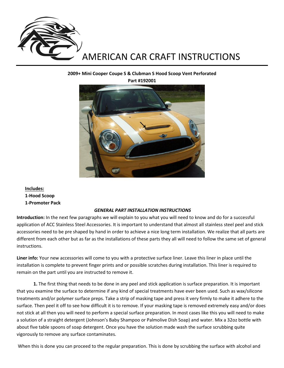 American Car Craft Mini Cooper Coupe S & Clubman S Hood Scoop Vent Perforated 2009+ User Manual | 2 pages