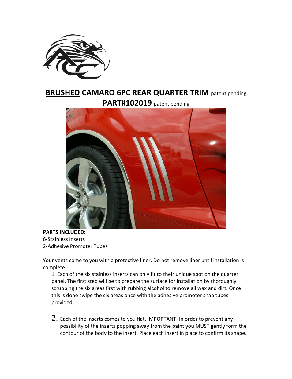 American Car Craft Camaro Rear Quarter Panel Trim Brushed 6Pc 2010-2013 User Manual | 2 pages