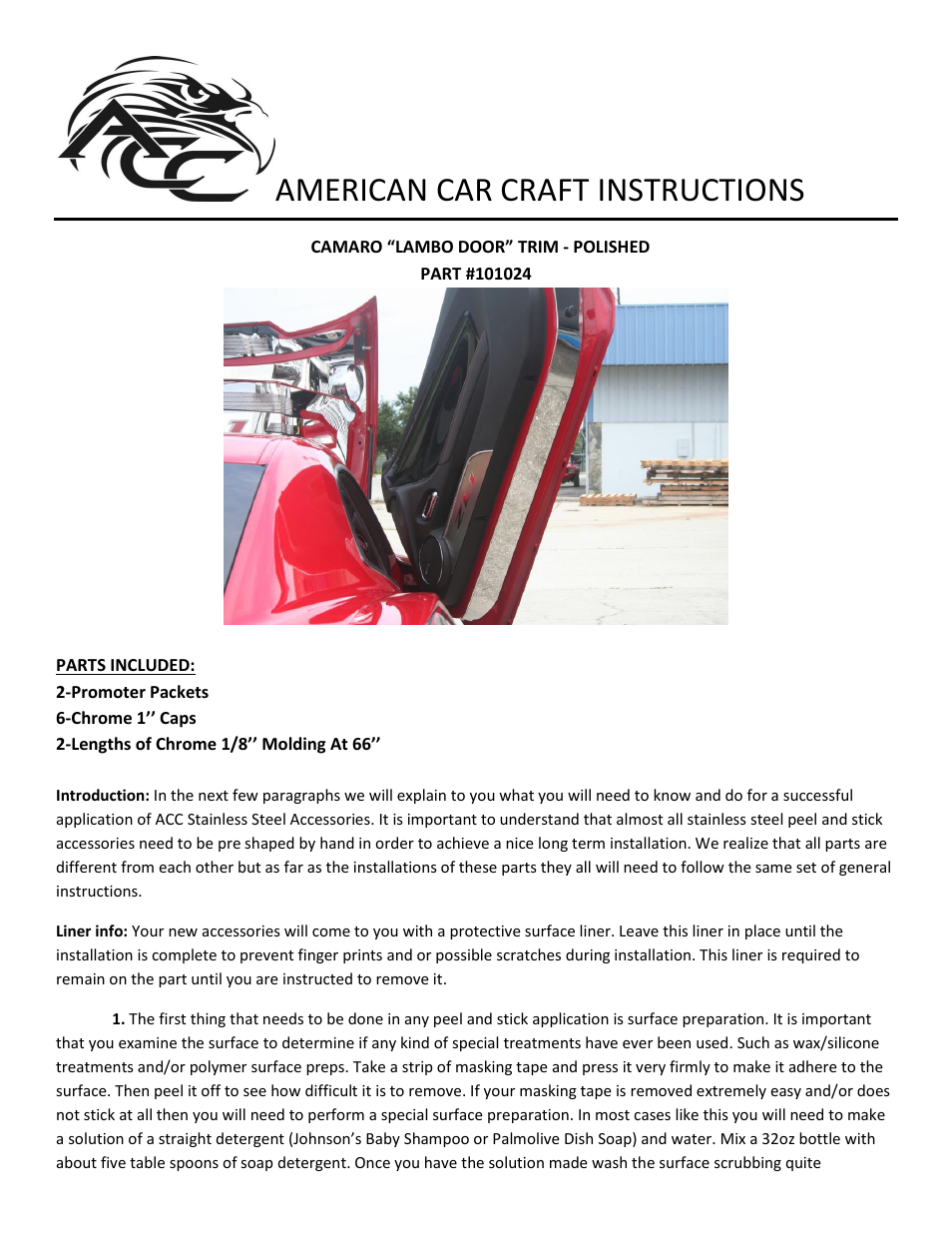 American Car Craft Camaro Lambo Door Jamb Trim Kit Polished 2010-2013 all User Manual | 2 pages