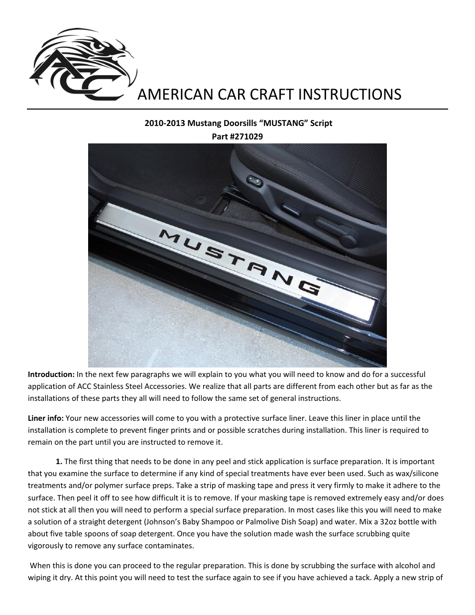 American Car Craft Mustang Doorsills Polished_Brushed with Carbon Fiber "MUSTANG Inlay 2Pc Outer 2010-2013" User Manual | 2 pages