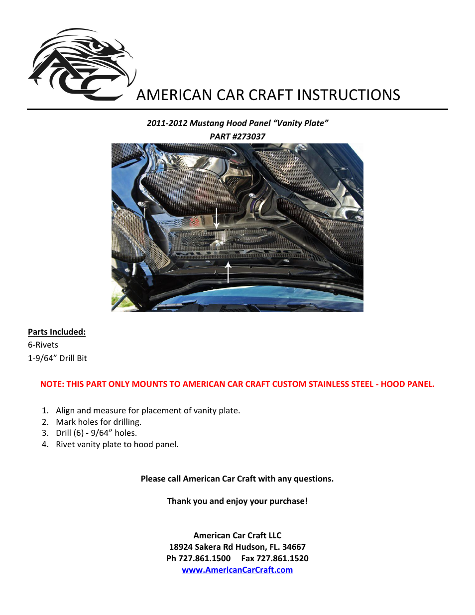 American Car Craft Mustang Hood Panel Vanity Plate Illuminated Perforated GT 2011-2012 User Manual | 1 page