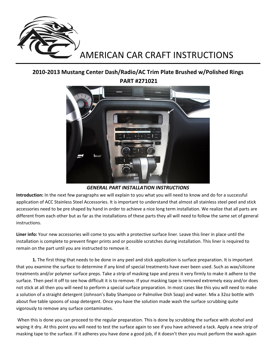 American Car Craft Mustang Center Dash_Radio_AC Trim Plate Brushed w_Polished Rings 2010-2013 User Manual | 2 pages