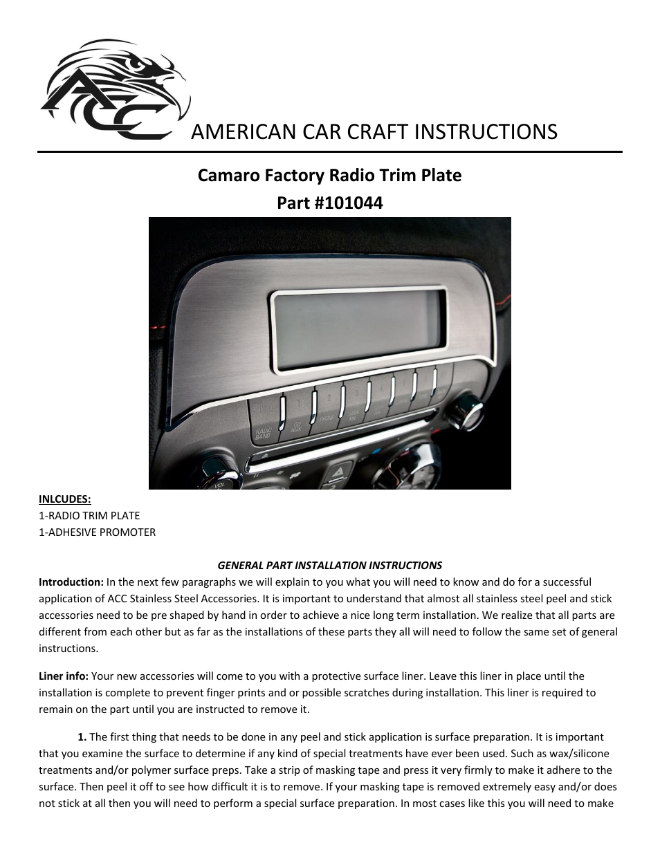 American Car Craft Camaro Radio Trim Plate Brushed_Polished Factory Radio 2010-2013 User Manual | 2 pages