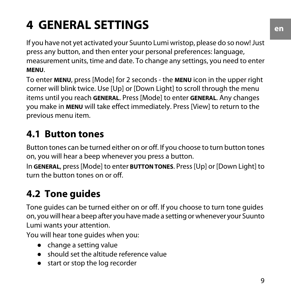 4 general settings, 1 button tones, 2 tone guides | 9 4.2 tone guides | SUUNTO LUMI User Manual | Page 12 / 49