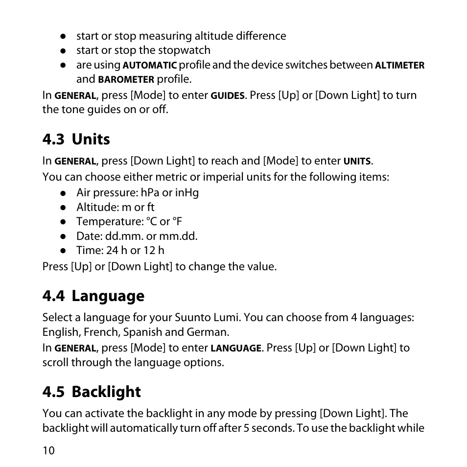 3 units, 4 language, 5 backlight | 10 4.4 language, 10 4.5 backlight | SUUNTO LUMI User Manual | Page 13 / 49