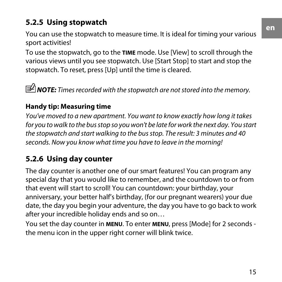 5 using stopwatch, 6 using day counter, 15 5.2.6 using day counter | SUUNTO LUMI User Manual | Page 18 / 49