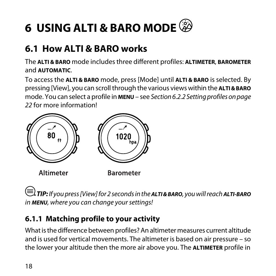 6 using alti & baro mode, 1 how alti & baro works, 1 matching profile to your activity | SUUNTO LUMI User Manual | Page 21 / 49