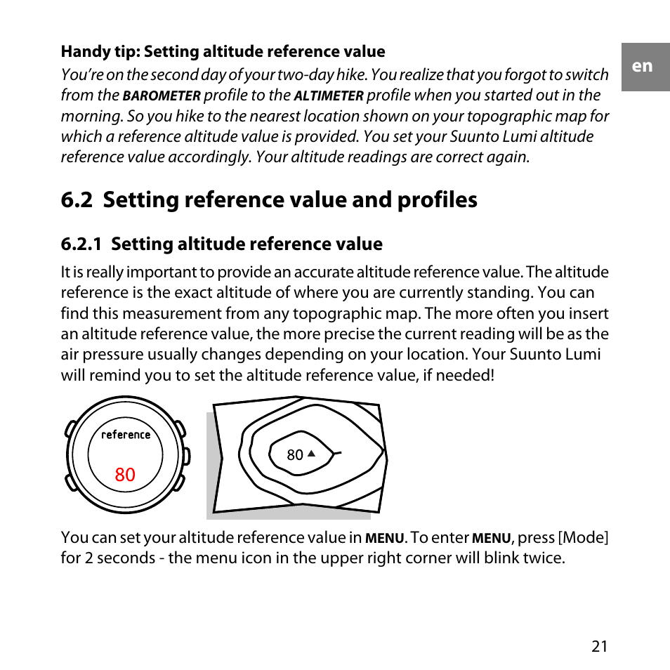 2 setting reference value and profiles, 1 setting altitude reference value | SUUNTO LUMI User Manual | Page 24 / 49