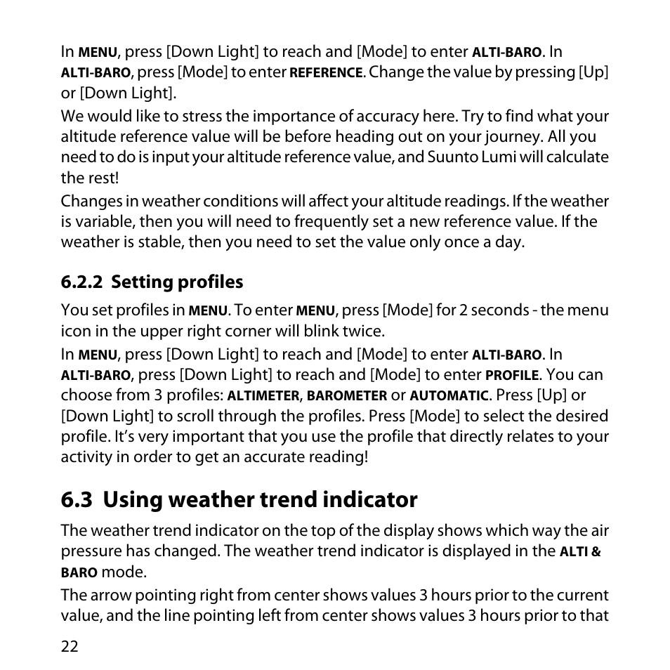 2 setting profiles, 3 using weather trend indicator | SUUNTO LUMI User Manual | Page 25 / 49
