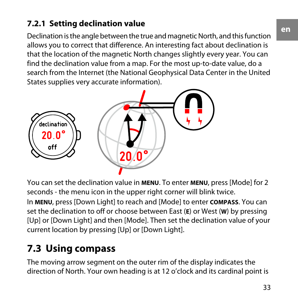 1 setting declination value, 3 using compass | SUUNTO LUMI User Manual | Page 36 / 49