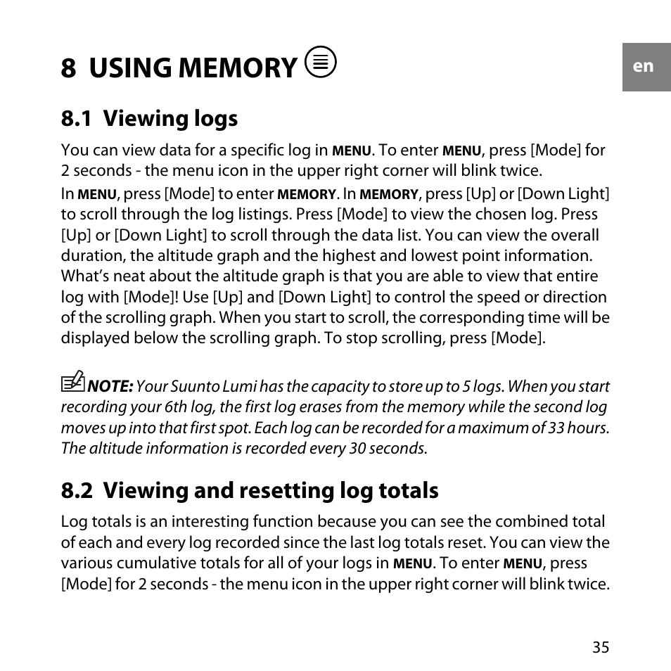 8 using memory, 1 viewing logs, 2 viewing and resetting log totals | 35 8.2 viewing and resetting log totals | SUUNTO LUMI User Manual | Page 38 / 49