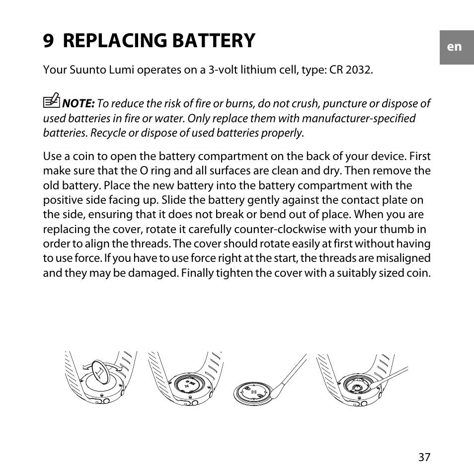 9 replacing battery | SUUNTO LUMI User Manual | Page 40 / 49