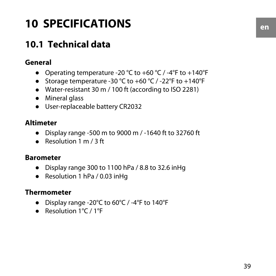 10 specifications, 1 technical data | SUUNTO LUMI User Manual | Page 42 / 49