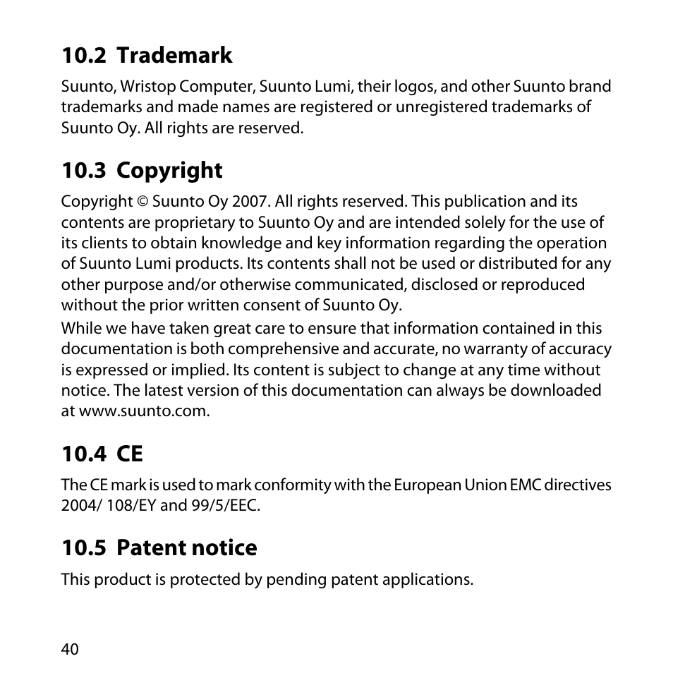 2 trademark, 3 copyright, 4 ce | 5 patent notice, 40 10.3 copyright, 40 10.4 ce, 40 10.5 patent notice | SUUNTO LUMI User Manual | Page 43 / 49