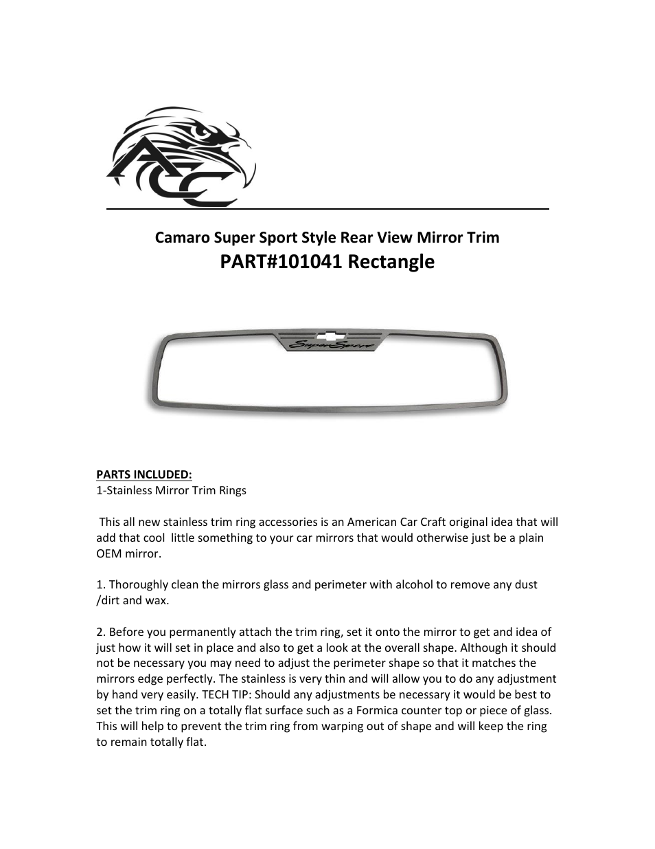 American Car Craft Camaro Rear View Mirror Trim "Super Sport Style Brushed 2012-2013 Rectangle" User Manual | 2 pages