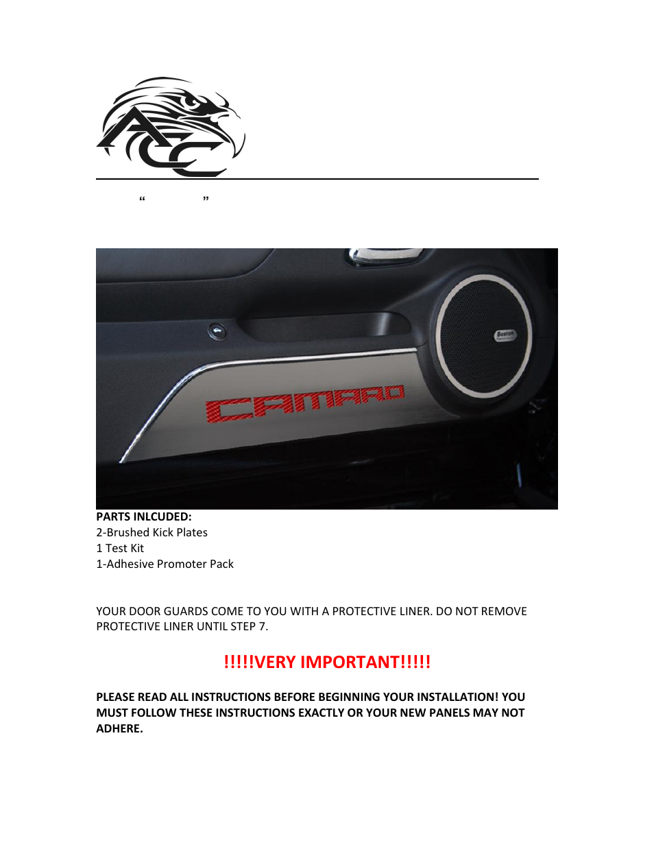 American Car Craft Camaro Door Panel Kick Plates Brushed w_Carbon Fiber "CAMARO 2Pc 2010-2013" User Manual | 3 pages