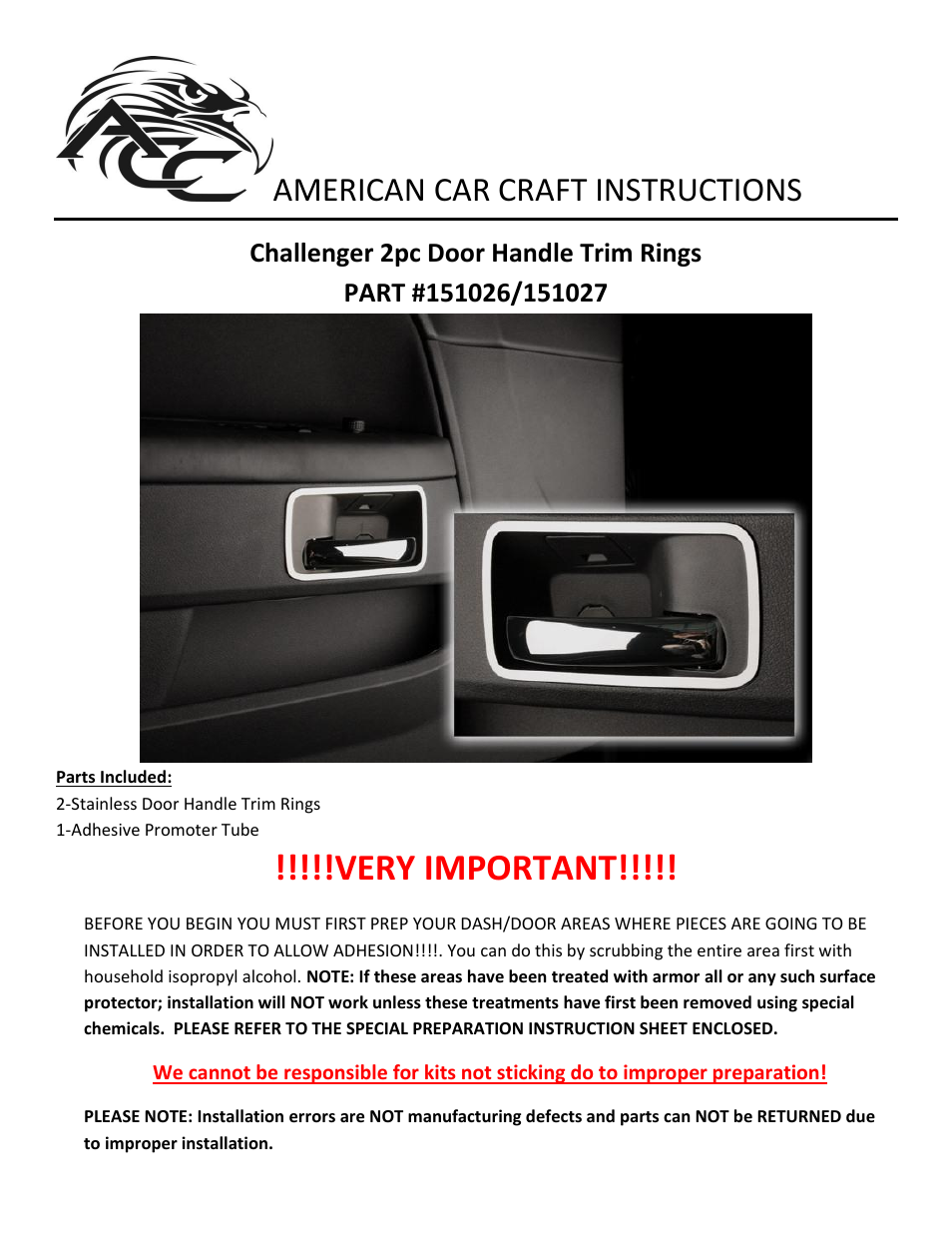 American Car Craft Challenger Door Handle Trim Polished Stainless 2Pc 2008-2013 User Manual | 2 pages