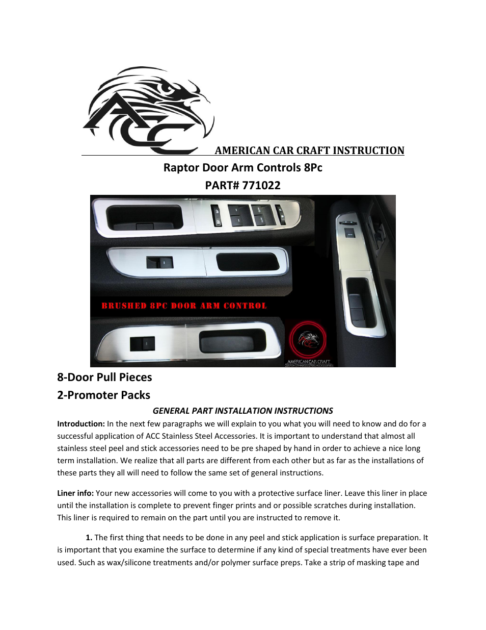 American Car Craft Ford F150_Raptor Door Arm Controls 8Pc Brushed 2009-2013 User Manual | 2 pages