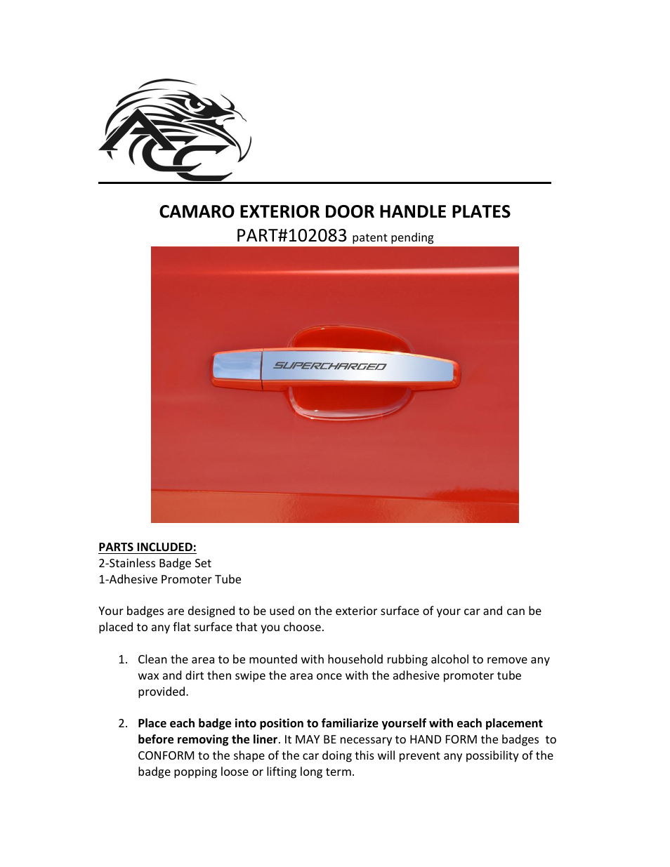 American Car Craft Camaro Door Handle Plate Polished Exterior "SUPERCHARGED 2Pc 2010-2013" User Manual | 2 pages