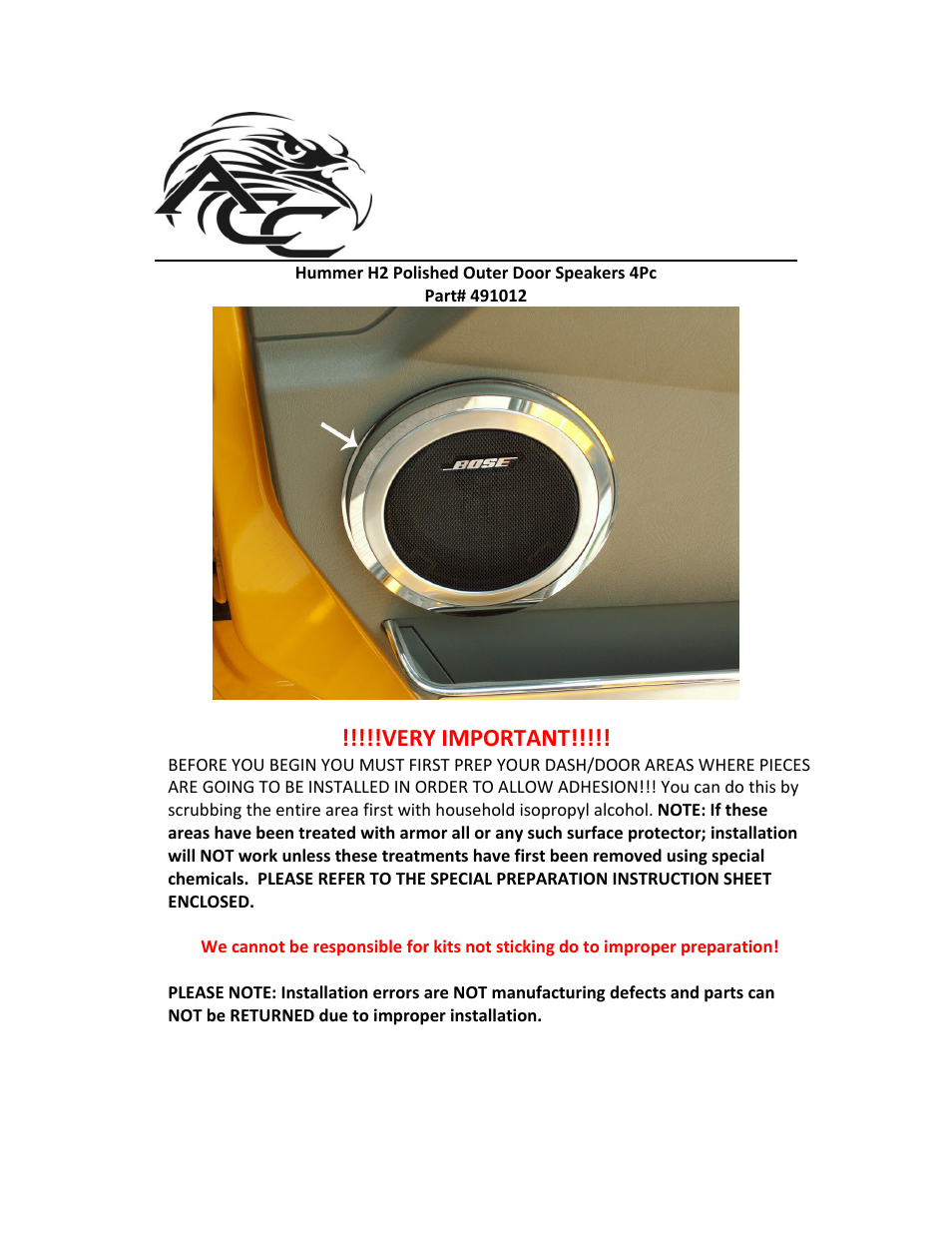 American Car Craft Hummer H2 Speaker Rings Polished Outer Door 4Pc 2003-2007 User Manual | 2 pages