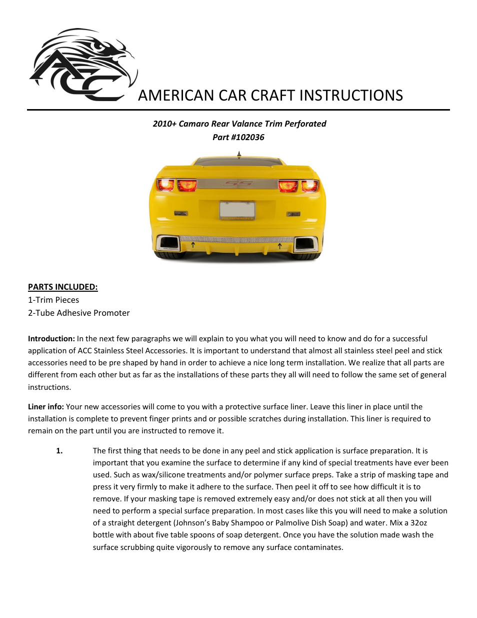 American Car Craft Camaro Rear Valance Perforated Fits the GM RS Ground Effects 2010-2013 User Manual | 2 pages