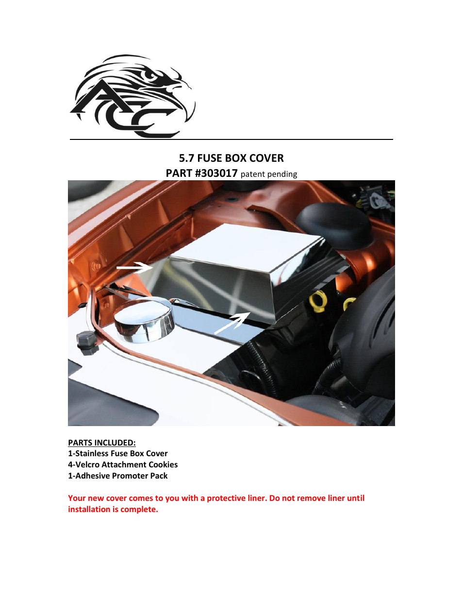 American Car Craft Chrysler 300 _ Dodge Charger_Magnum 5.7 SRT 8 Fuse Box Cover Polished 2005-2010 User Manual | 2 pages