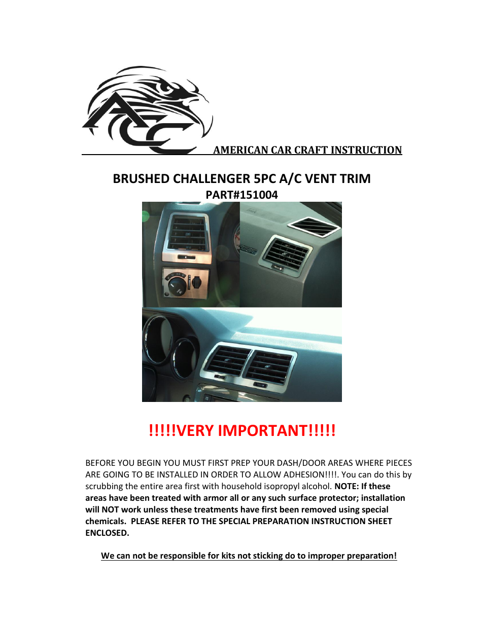 American Car Craft Challenger A_C Vent Trim 5Pc Brushed 2008-2013 User Manual | 2 pages