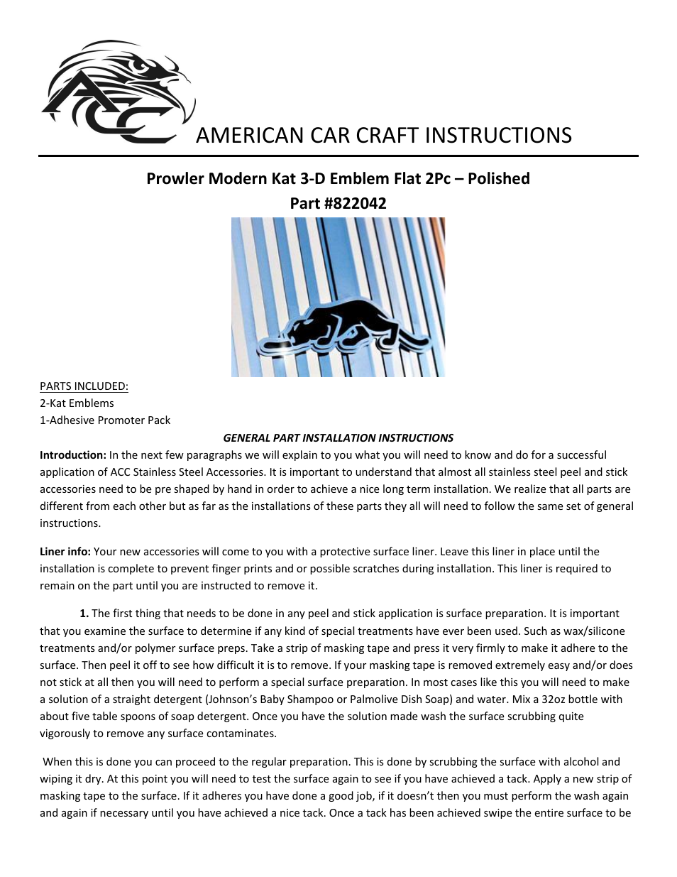 American Car Craft Prowler Modern Kat Emblem Flat Polished 2Pc 1997-2002 User Manual | 2 pages