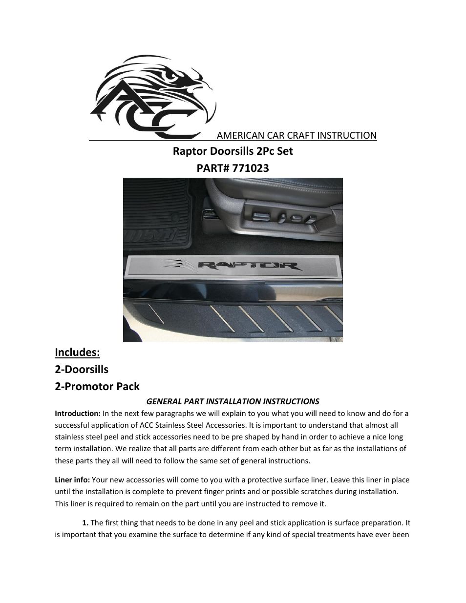 American Car Craft Ford Raptor Doorsills Outer Front 2Pc Brushed_Polished 2010-2013 User Manual | 2 pages