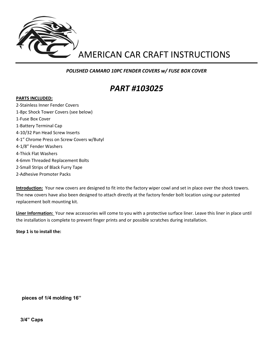 American Car Craft Camaro Inner Fender Covers Polished Deluxe 10Pc w_Fuse Box Cover 2010-2011 User Manual | 3 pages