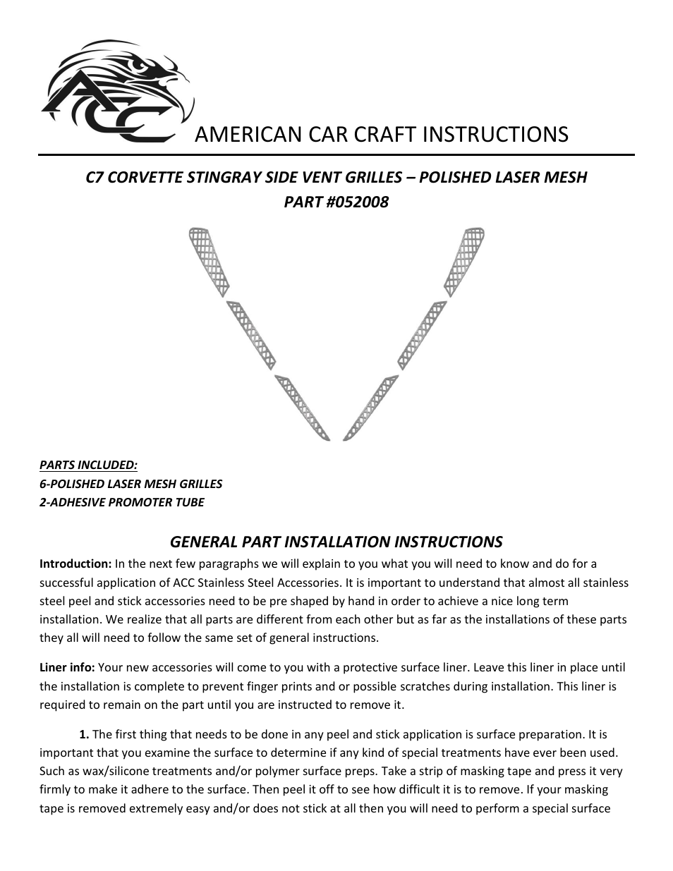 American Car Craft Corvette Stingray Side Vent Mesh Grille Overlay 6Pc Front Polished 2014+ C7 User Manual | 3 pages