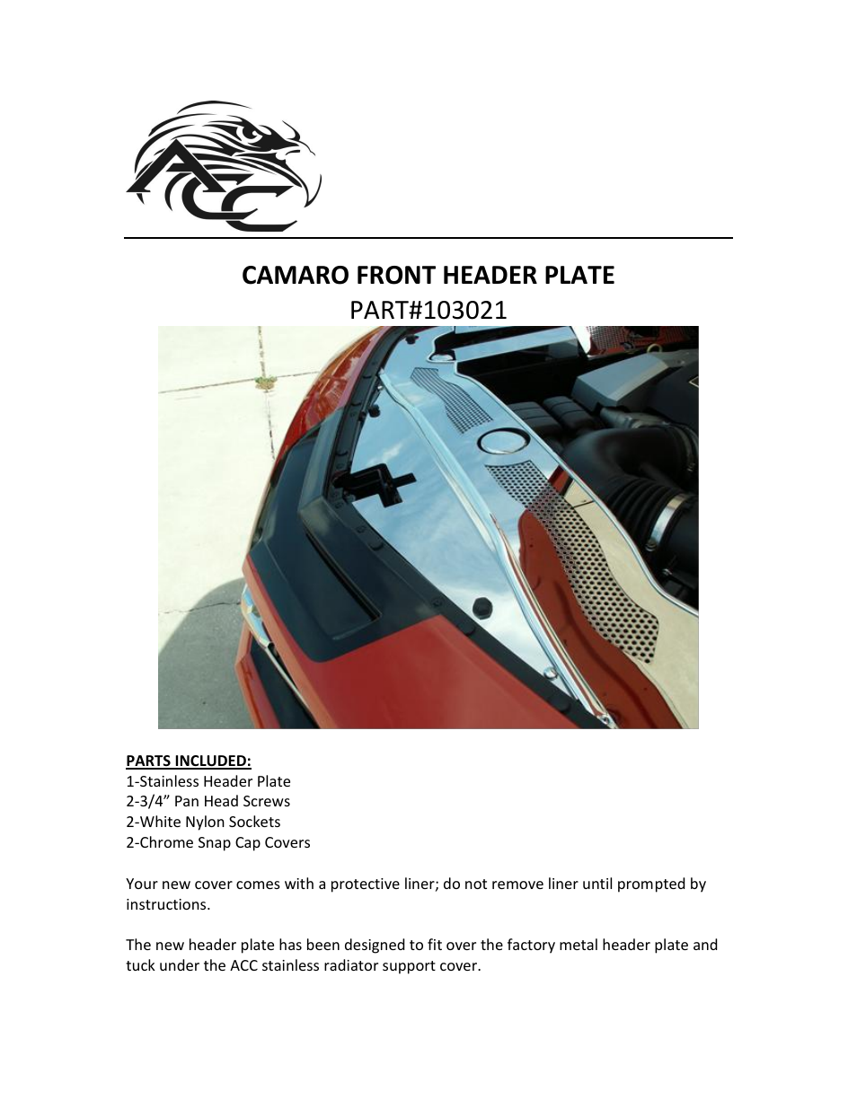 American Car Craft Camaro Front Header Plate Polished 2010-2013 User Manual | 2 pages