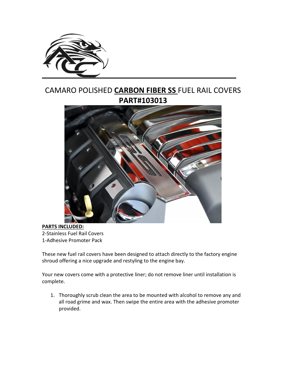 American Car Craft Camaro Fuel Rail Covers Polished Carbon Fiber "SS 2010-2013" User Manual | 2 pages