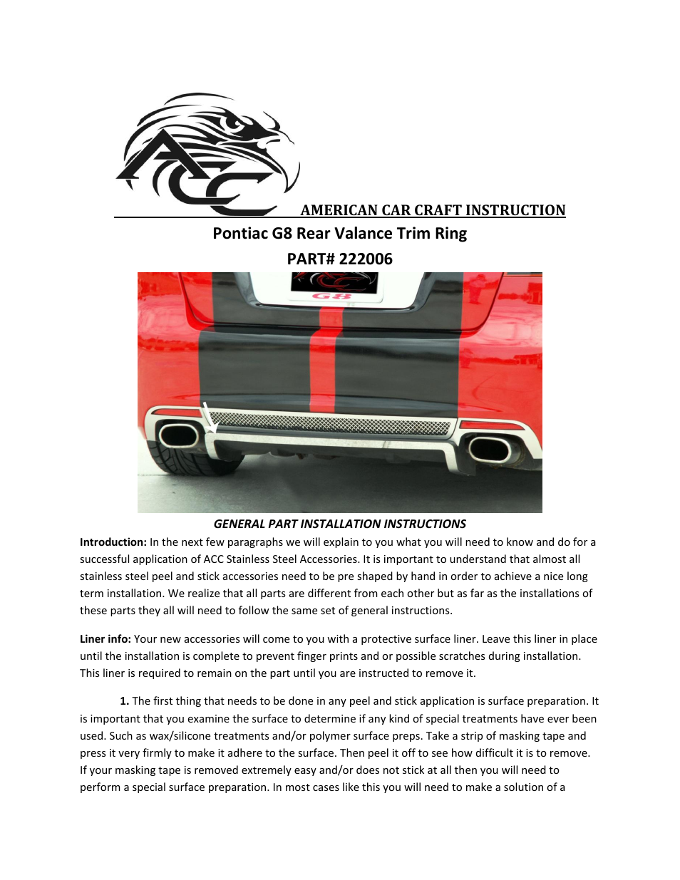 American Car Craft Pontiac G8 Rear Valance Trim Ring Lower Base GT GXP 2008-2009 User Manual | 2 pages