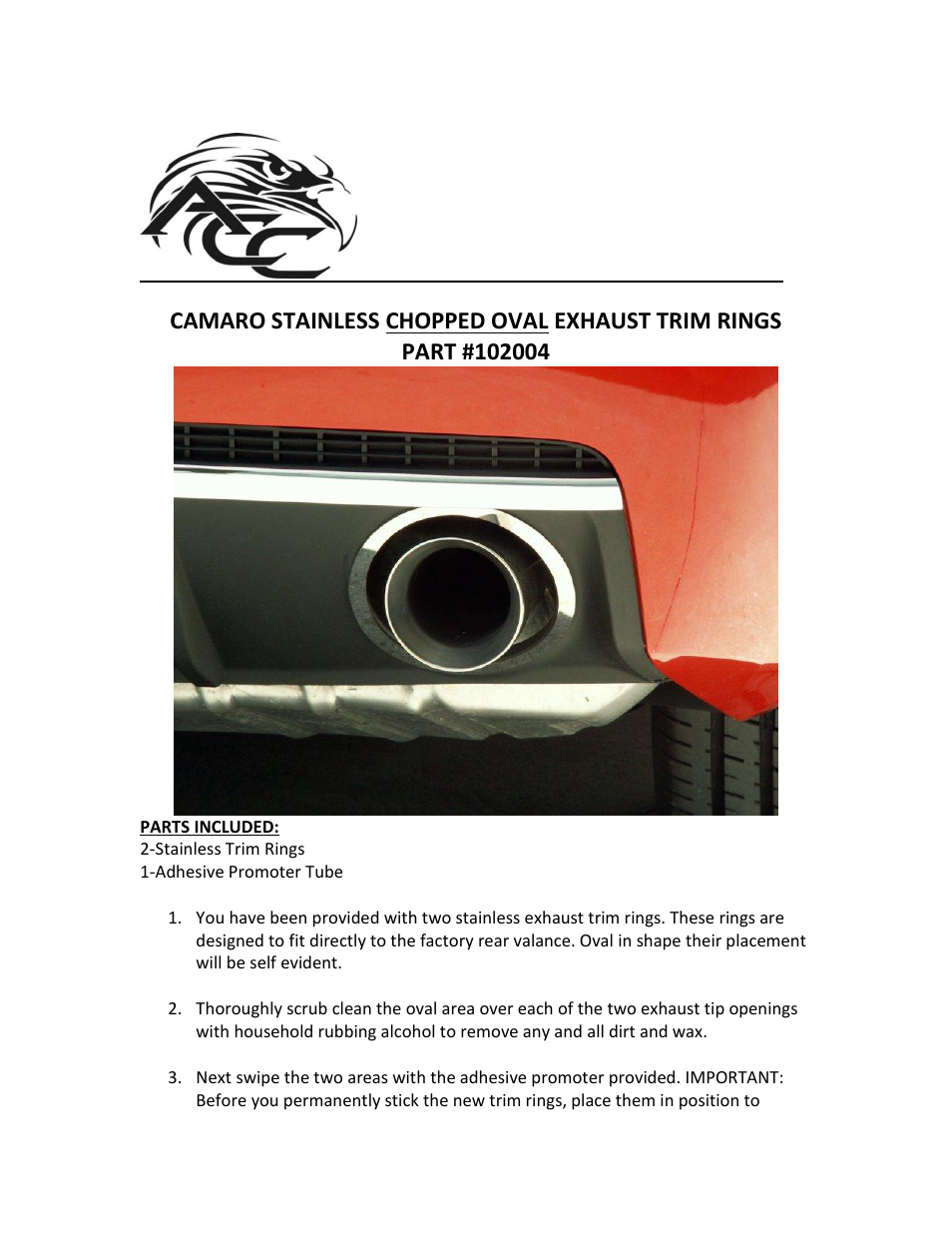 American Car Craft Camaro Exhaust Trim Rings Polished Chopped Oval 2Pc 2010-2013 User Manual | 2 pages